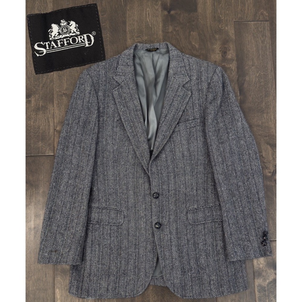 Vintage Stafford Tweed Mens Grey 100% Wool Suit Jacket Blazer Size 41L USA Made